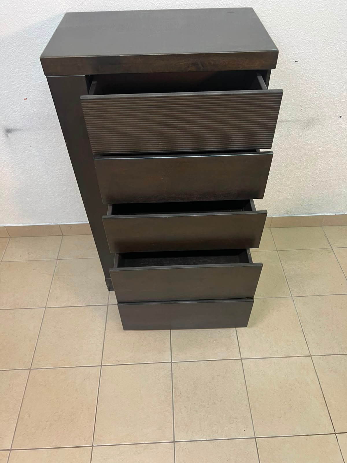 A Home Centre Geneva-style chest of drawers, featuring a dark brown color and solid wood design with 5 drawers. - Image 9