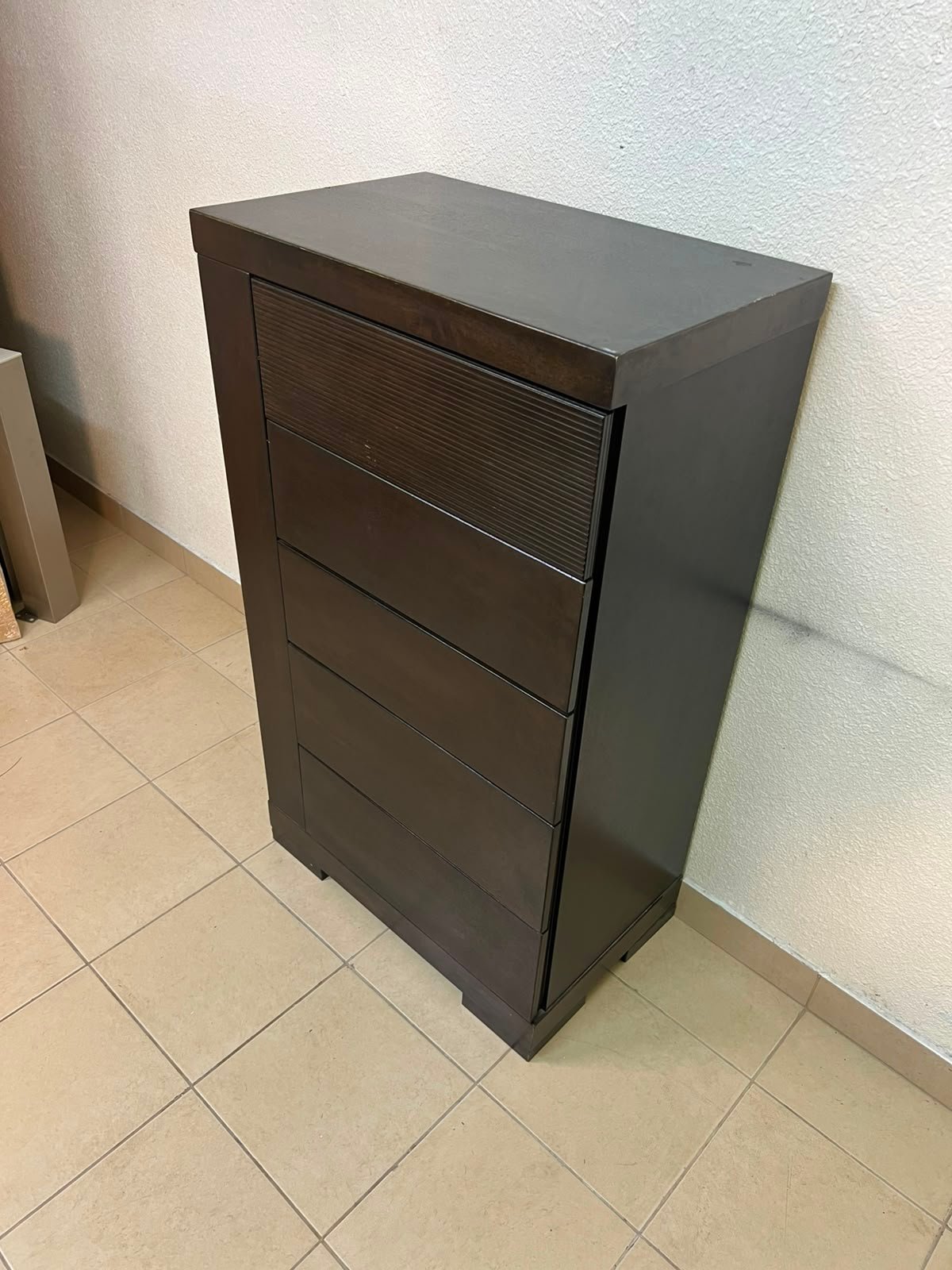 A Home Centre Geneva-style chest of drawers, featuring a dark brown color and solid wood design with 5 drawers. - Image 11