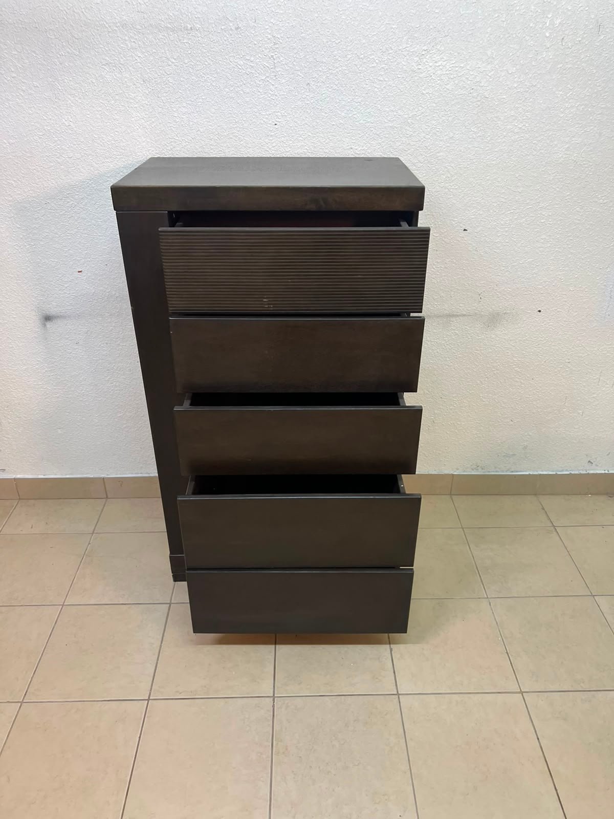 A Home Centre Geneva-style chest of drawers, featuring a dark brown color and solid wood design with 5 drawers. - Image 8
