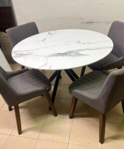 5-Piece Modern Dining Set – White Faux Marble Round Table with Black Metal Base & 4 Grey Upholstered Chairs with Wood Legs - Image 2