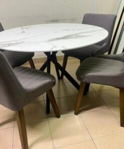 5-Piece Modern Dining Set – White Faux Marble Round Table with Black Metal Base & 4 Grey Upholstered Chairs with Wood Legs - Image 3