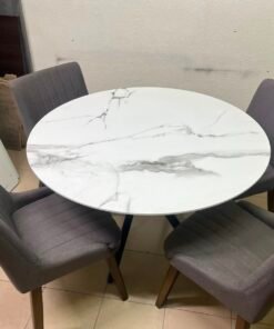 5-Piece Modern Dining Set – White Faux Marble Round Table with Black Metal Base & 4 Grey Upholstered Chairs with Wood Legs
