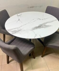 5-Piece Modern Dining Set – White Faux Marble Round Table with Black Metal Base & 4 Grey Upholstered Chairs with Wood Legs - Image 5