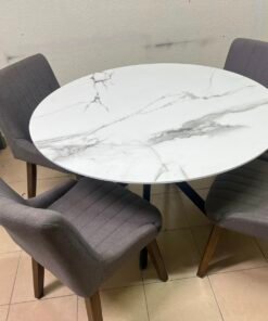 5-Piece Modern Dining Set – White Faux Marble Round Table with Black Metal Base & 4 Grey Upholstered Chairs with Wood Legs - Image 6