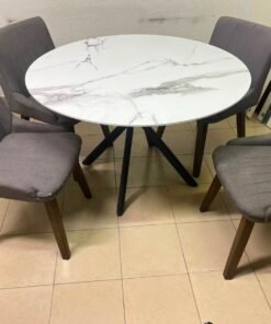 5-Piece Modern Dining Set – White Faux Marble Round Table with Black Metal Base & 4 Grey Upholstered Chairs with Wood Legs - Image 7
