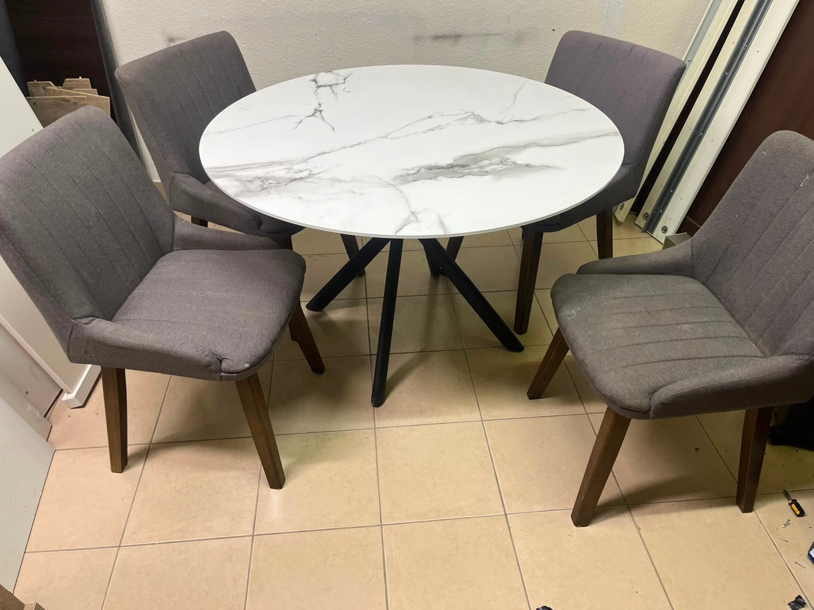 5-Piece Modern Dining Set – White Faux Marble Round Table with Black Metal Base & 4 Grey Upholstered Chairs with Wood Legs - Image 7