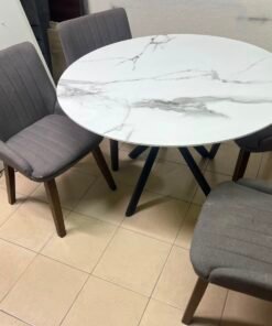 5-Piece Modern Dining Set – White Faux Marble Round Table with Black Metal Base & 4 Grey Upholstered Chairs with Wood Legs - Image 8