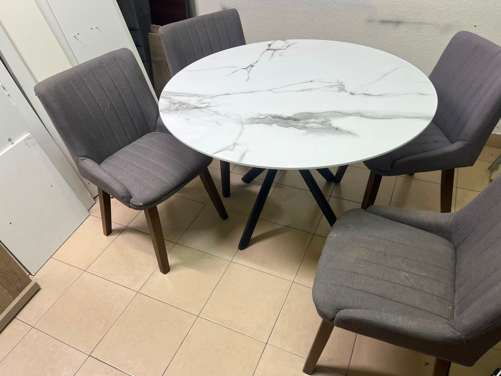 5-Piece Modern Dining Set – White Faux Marble Round Table with Black Metal Base & 4 Grey Upholstered Chairs with Wood Legs - Image 8