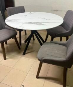 5-Piece Modern Dining Set – White Faux Marble Round Table with Black Metal Base & 4 Grey Upholstered Chairs with Wood Legs - Image 9