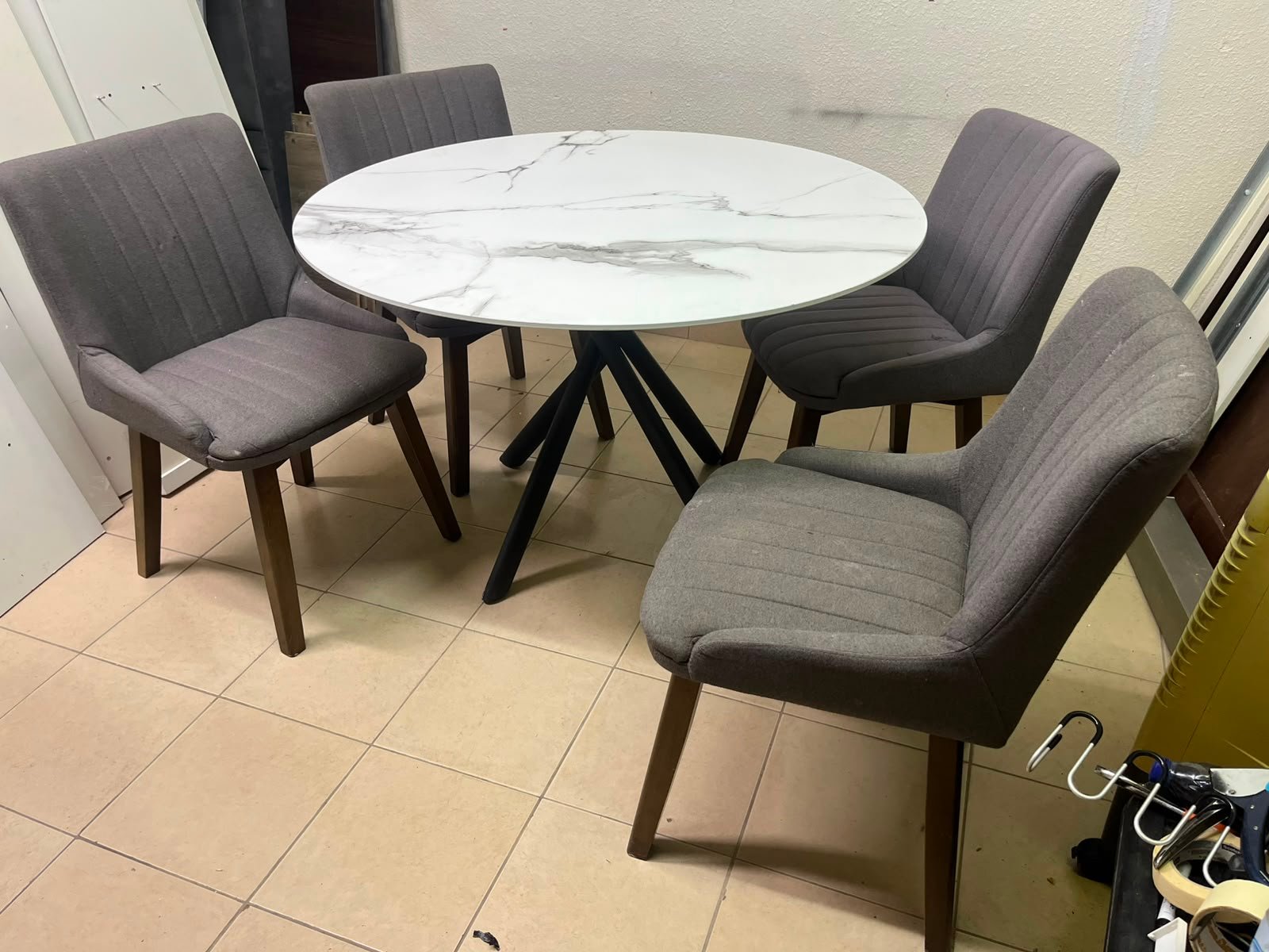 5-Piece Modern Dining Set – White Faux Marble Round Table with Black Metal Base & 4 Grey Upholstered Chairs with Wood Legs - Image 9