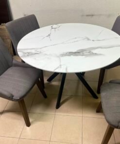 5-Piece Modern Dining Set – White Faux Marble Round Table with Black Metal Base & 4 Grey Upholstered Chairs with Wood Legs - Image 10