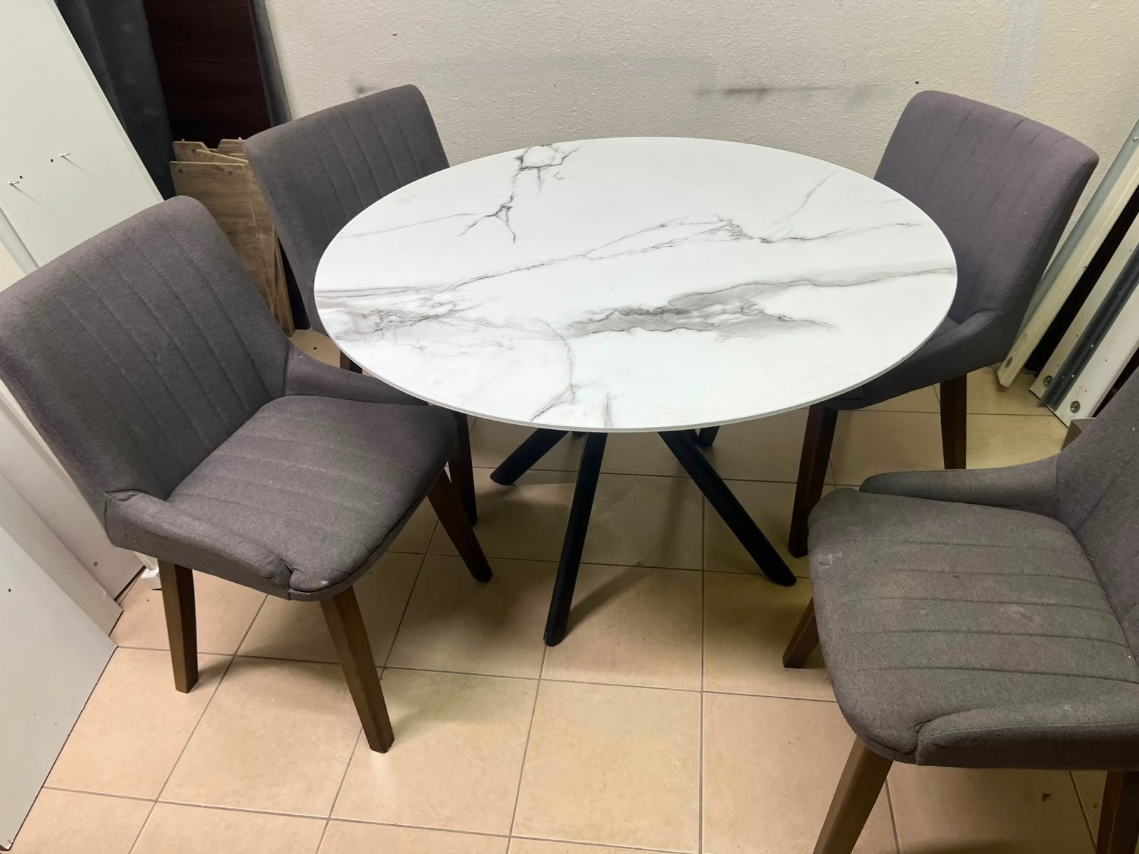 5-Piece Modern Dining Set – White Faux Marble Round Table with Black Metal Base & 4 Grey Upholstered Chairs with Wood Legs - Image 10
