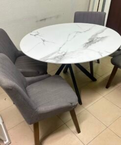 5-Piece Modern Dining Set – White Faux Marble Round Table with Black Metal Base & 4 Grey Upholstered Chairs with Wood Legs - Image 11
