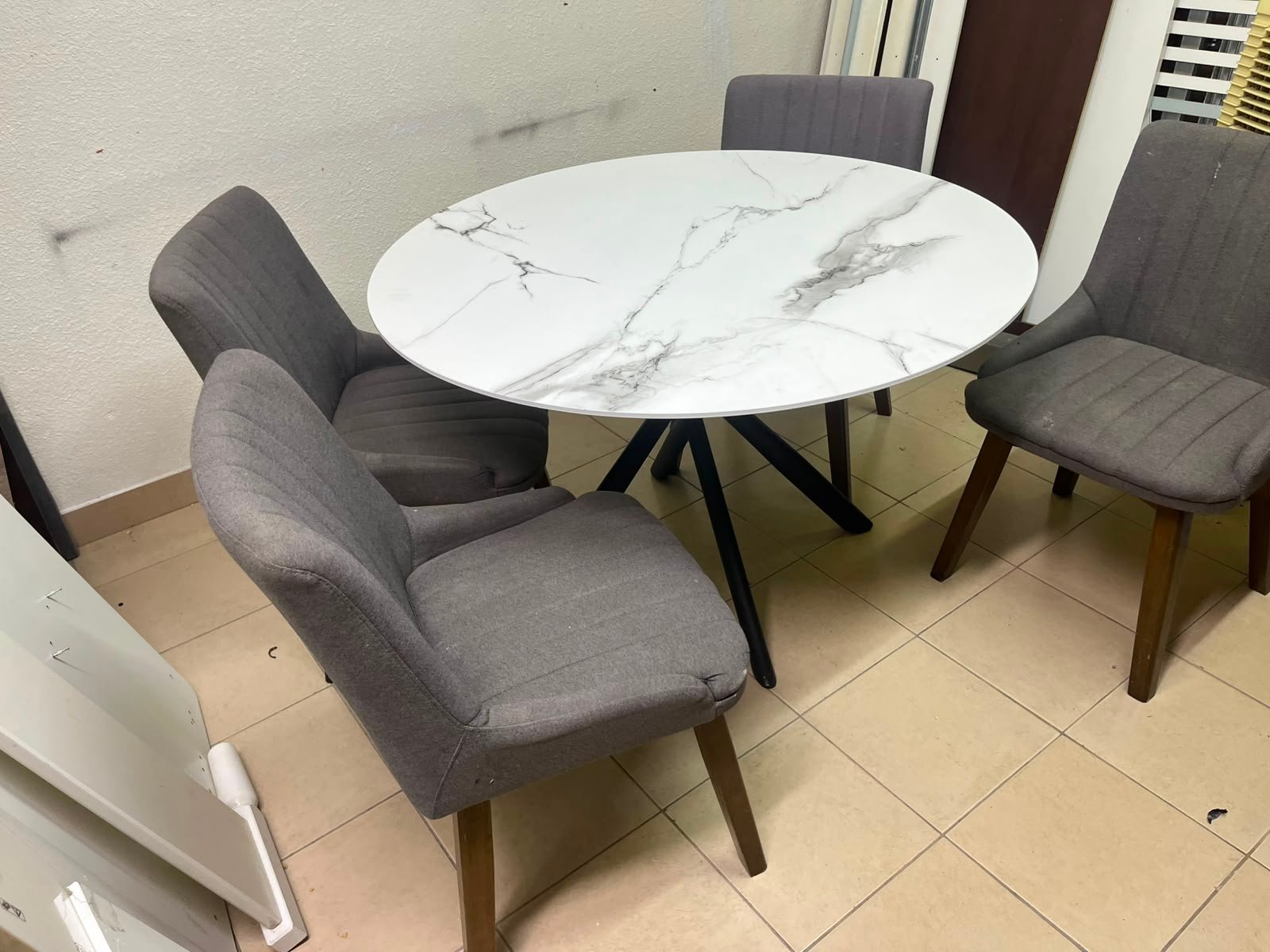 5-Piece Modern Dining Set – White Faux Marble Round Table with Black Metal Base & 4 Grey Upholstered Chairs with Wood Legs - Image 11