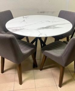 5-Piece Modern Dining Set – White Faux Marble Round Table with Black Metal Base & 4 Grey Upholstered Chairs with Wood Legs - Image 12