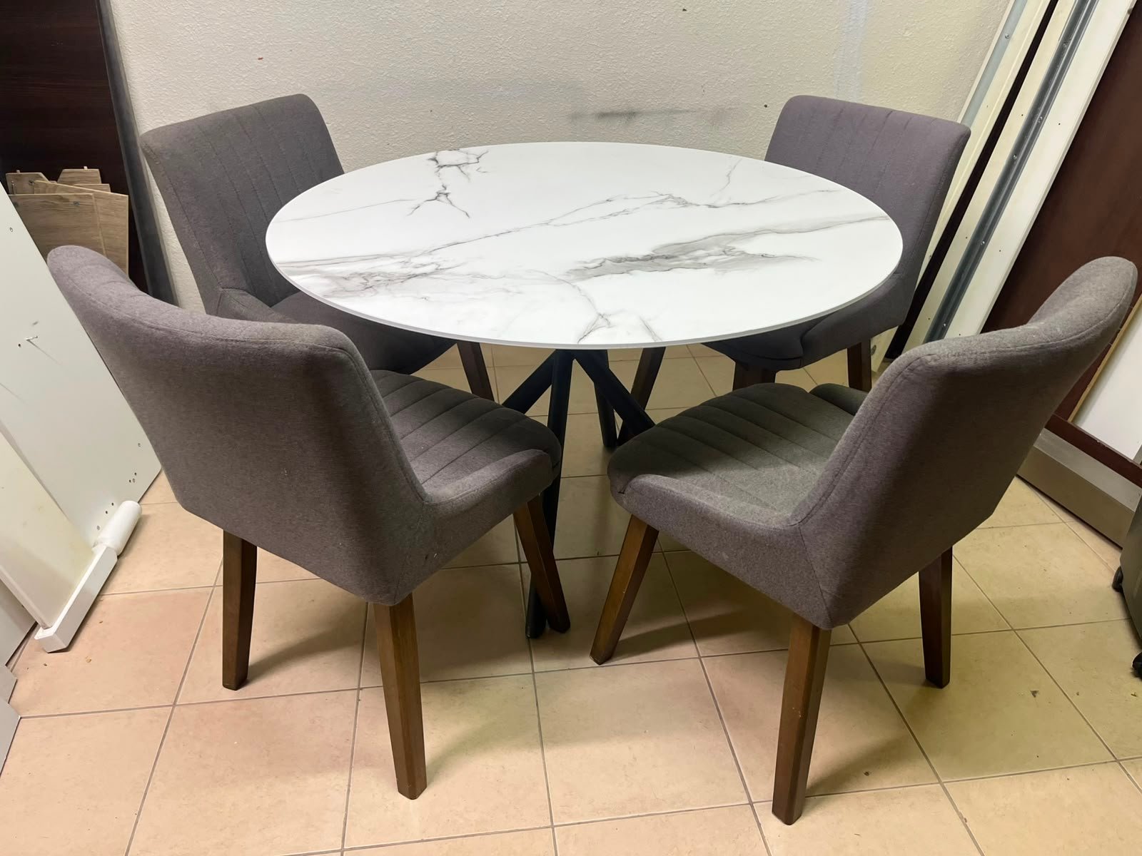 5-Piece Modern Dining Set – White Faux Marble Round Table with Black Metal Base & 4 Grey Upholstered Chairs with Wood Legs - Image 12