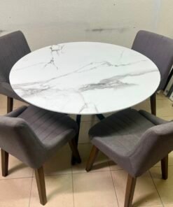 5-Piece Modern Dining Set – White Faux Marble Round Table with Black Metal Base & 4 Grey Upholstered Chairs with Wood Legs - Image 13