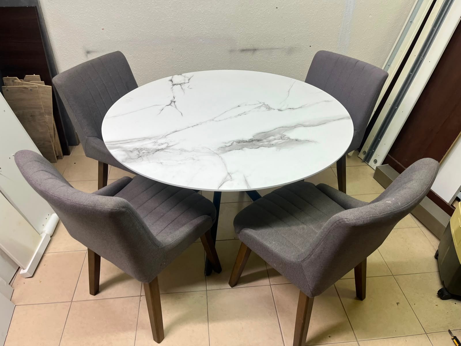5-Piece Modern Dining Set – White Faux Marble Round Table with Black Metal Base & 4 Grey Upholstered Chairs with Wood Legs - Image 13