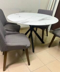 5-Piece Modern Dining Set – White Faux Marble Round Table with Black Metal Base & 4 Grey Upholstered Chairs with Wood Legs - Image 14