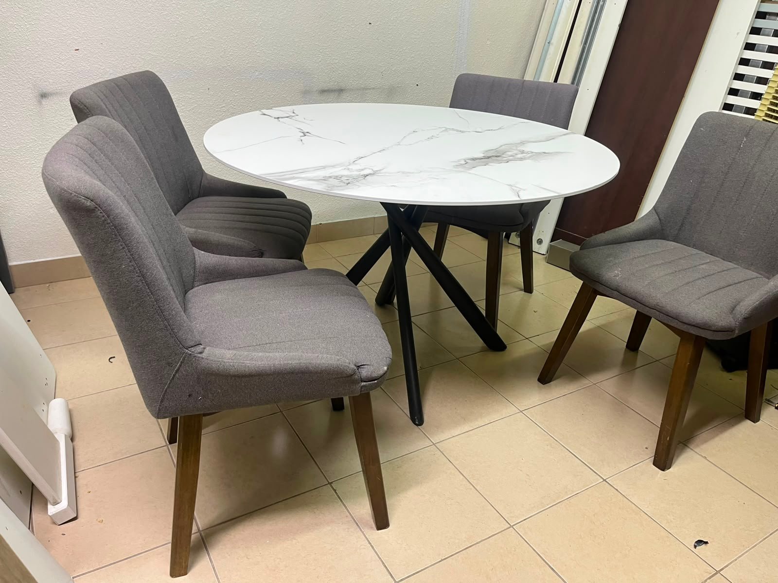 5-Piece Modern Dining Set – White Faux Marble Round Table with Black Metal Base & 4 Grey Upholstered Chairs with Wood Legs - Image 14