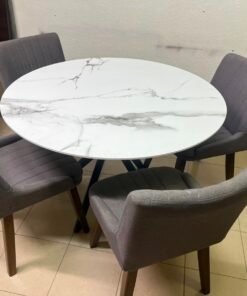 5-Piece Modern Dining Set – White Faux Marble Round Table with Black Metal Base & 4 Grey Upholstered Chairs with Wood Legs - Image 15