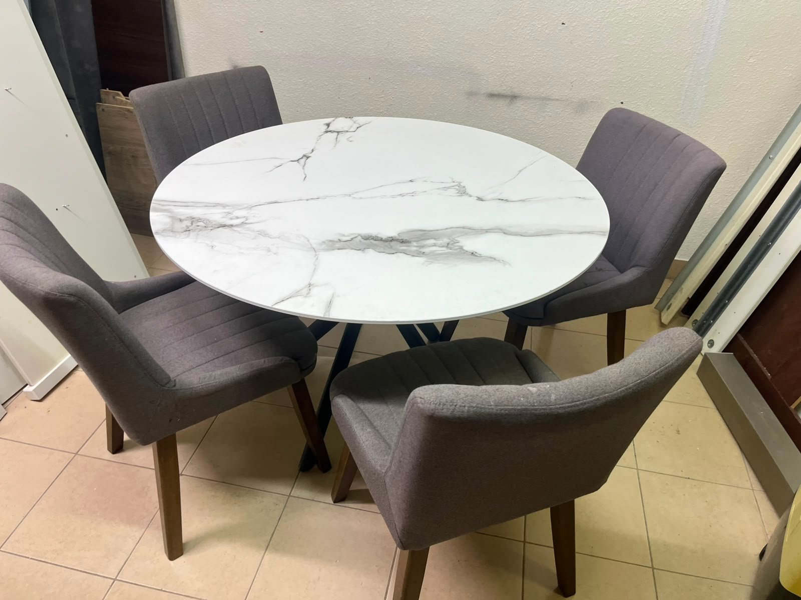 5-Piece Modern Dining Set – White Faux Marble Round Table with Black Metal Base & 4 Grey Upholstered Chairs with Wood Legs - Image 15