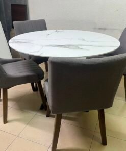 5-Piece Modern Dining Set – White Faux Marble Round Table with Black Metal Base & 4 Grey Upholstered Chairs with Wood Legs - Image 16