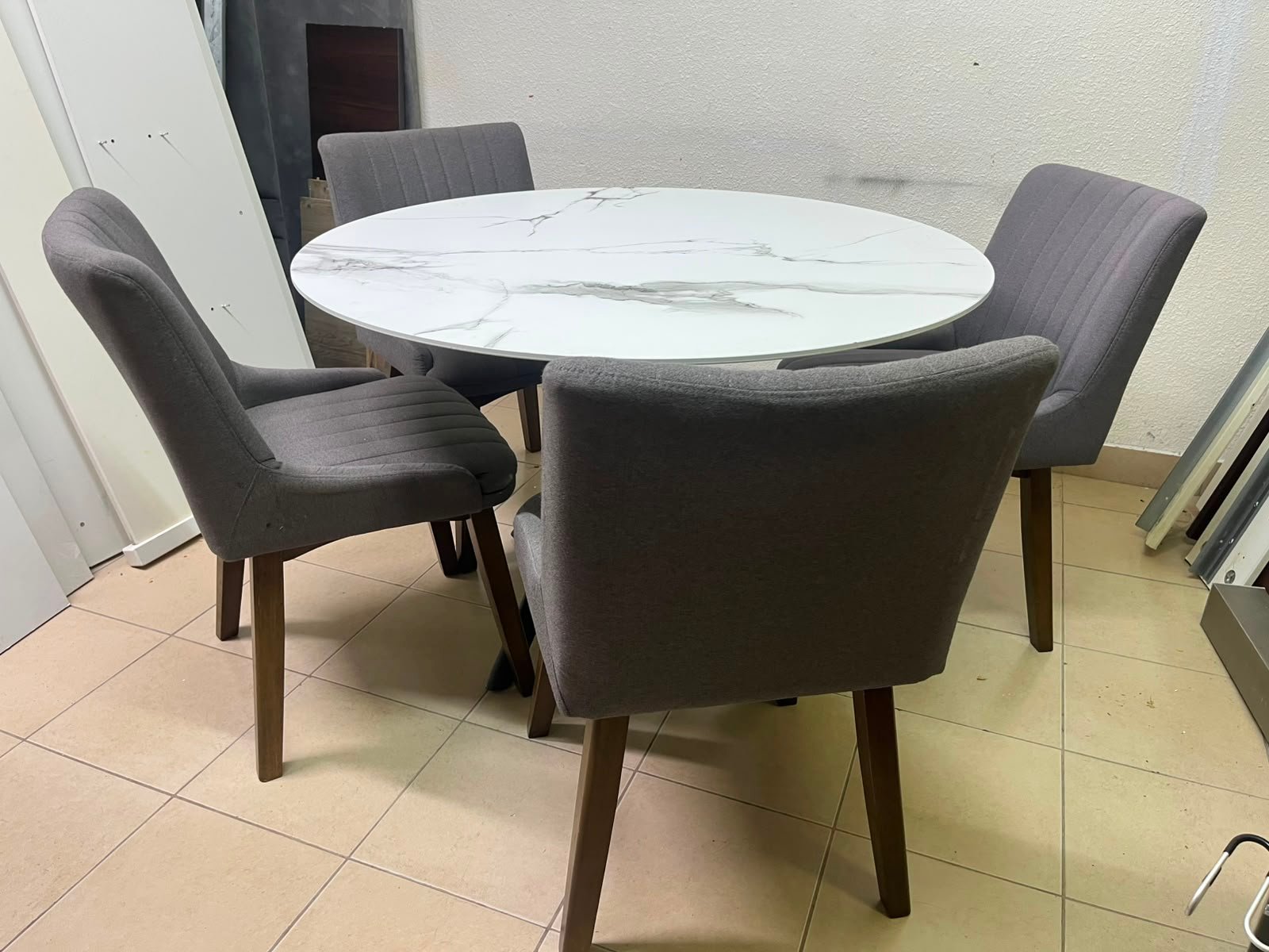 5-Piece Modern Dining Set – White Faux Marble Round Table with Black Metal Base & 4 Grey Upholstered Chairs with Wood Legs - Image 16