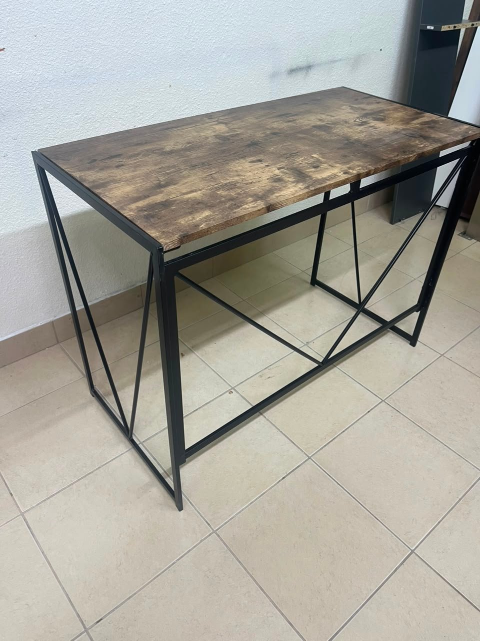 Industrial Rustic Wood & Metal Desk / Console Table – Geometric V-Frame Base with Dark Walnut Top & Black Steel Legs - Image 2
