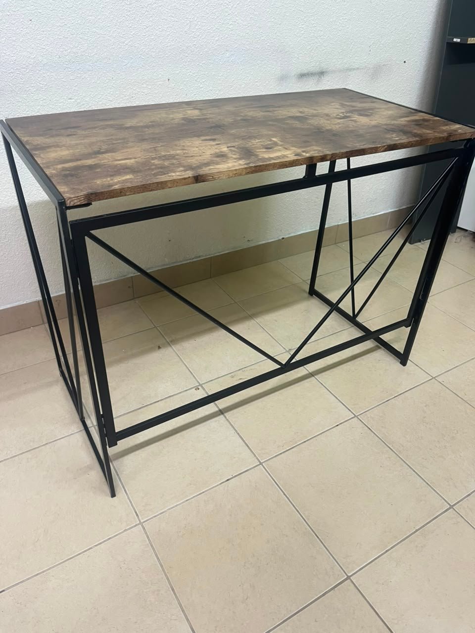 Industrial Rustic Wood & Metal Desk / Console Table – Geometric V-Frame Base with Dark Walnut Top & Black Steel Legs