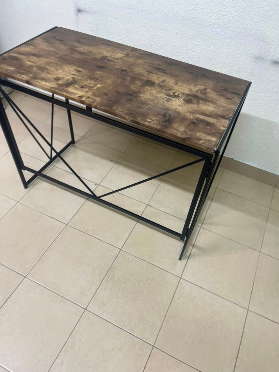 Industrial Rustic Wood & Metal Desk / Console Table – Geometric V-Frame Base with Dark Walnut Top & Black Steel Legs - Image 4