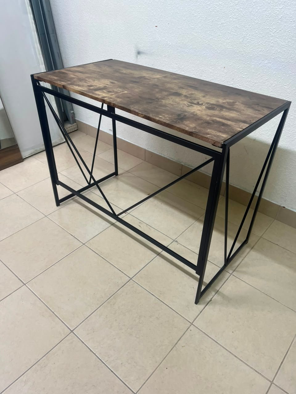 Industrial Rustic Wood & Metal Desk / Console Table – Geometric V-Frame Base with Dark Walnut Top & Black Steel Legs - Image 5