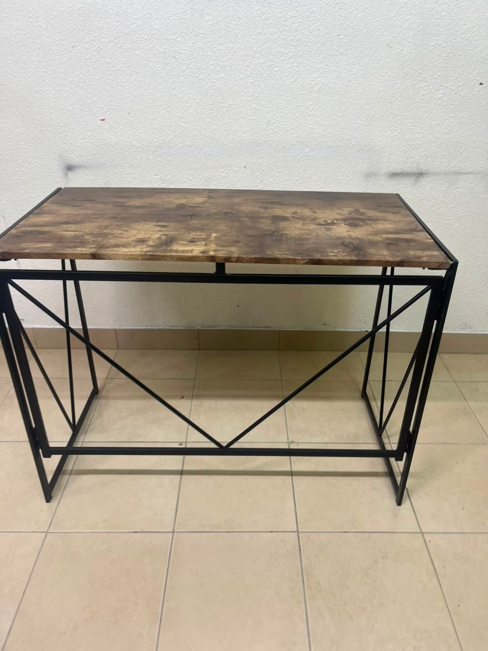 Industrial Rustic Wood & Metal Desk / Console Table – Geometric V-Frame Base with Dark Walnut Top & Black Steel Legs - Image 6