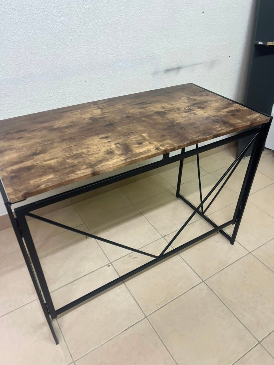 Industrial Rustic Wood & Metal Desk / Console Table – Geometric V-Frame Base with Dark Walnut Top & Black Steel Legs - Image 7
