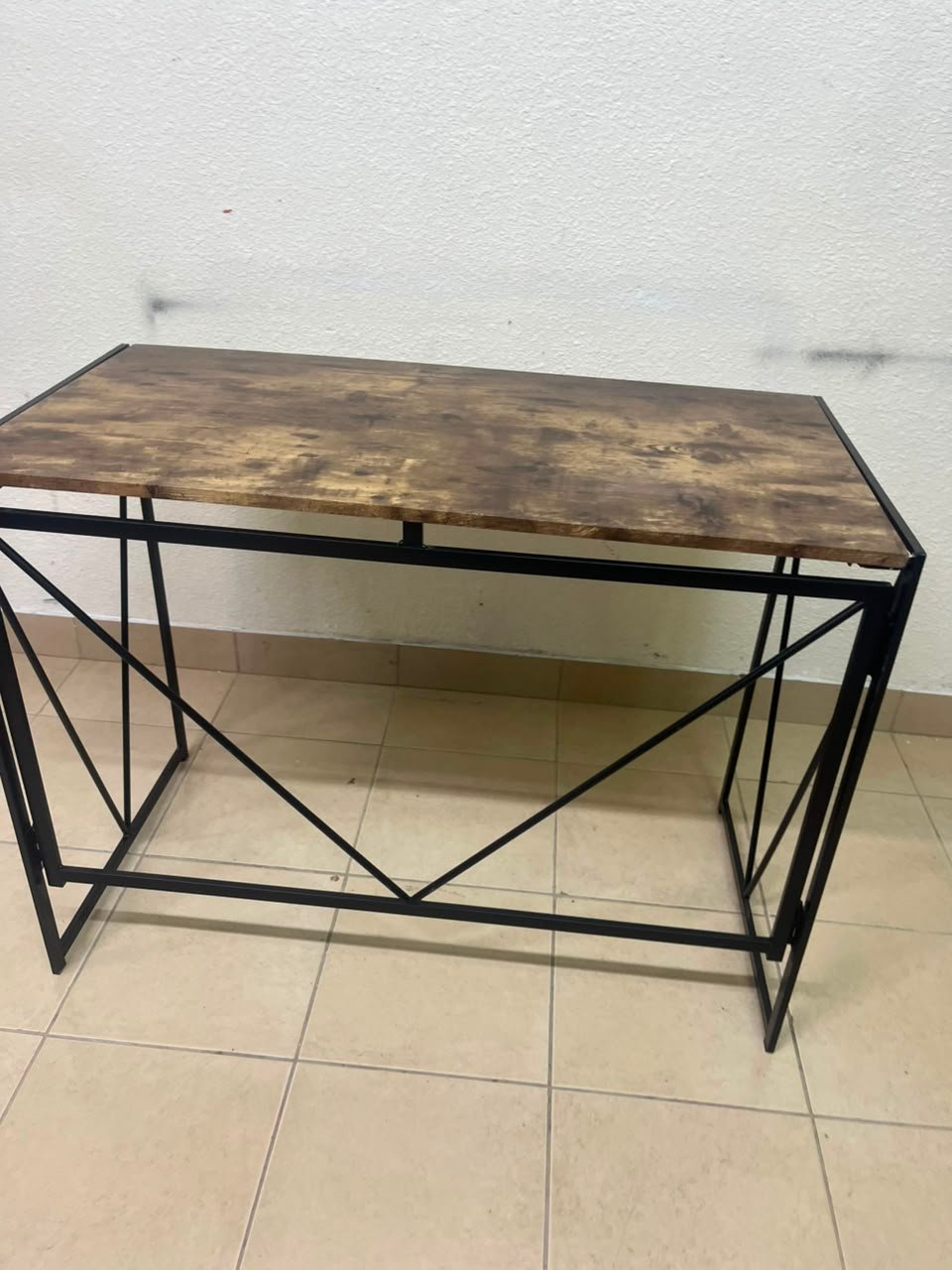 Industrial Rustic Wood & Metal Desk / Console Table – Geometric V-Frame Base with Dark Walnut Top & Black Steel Legs - Image 8