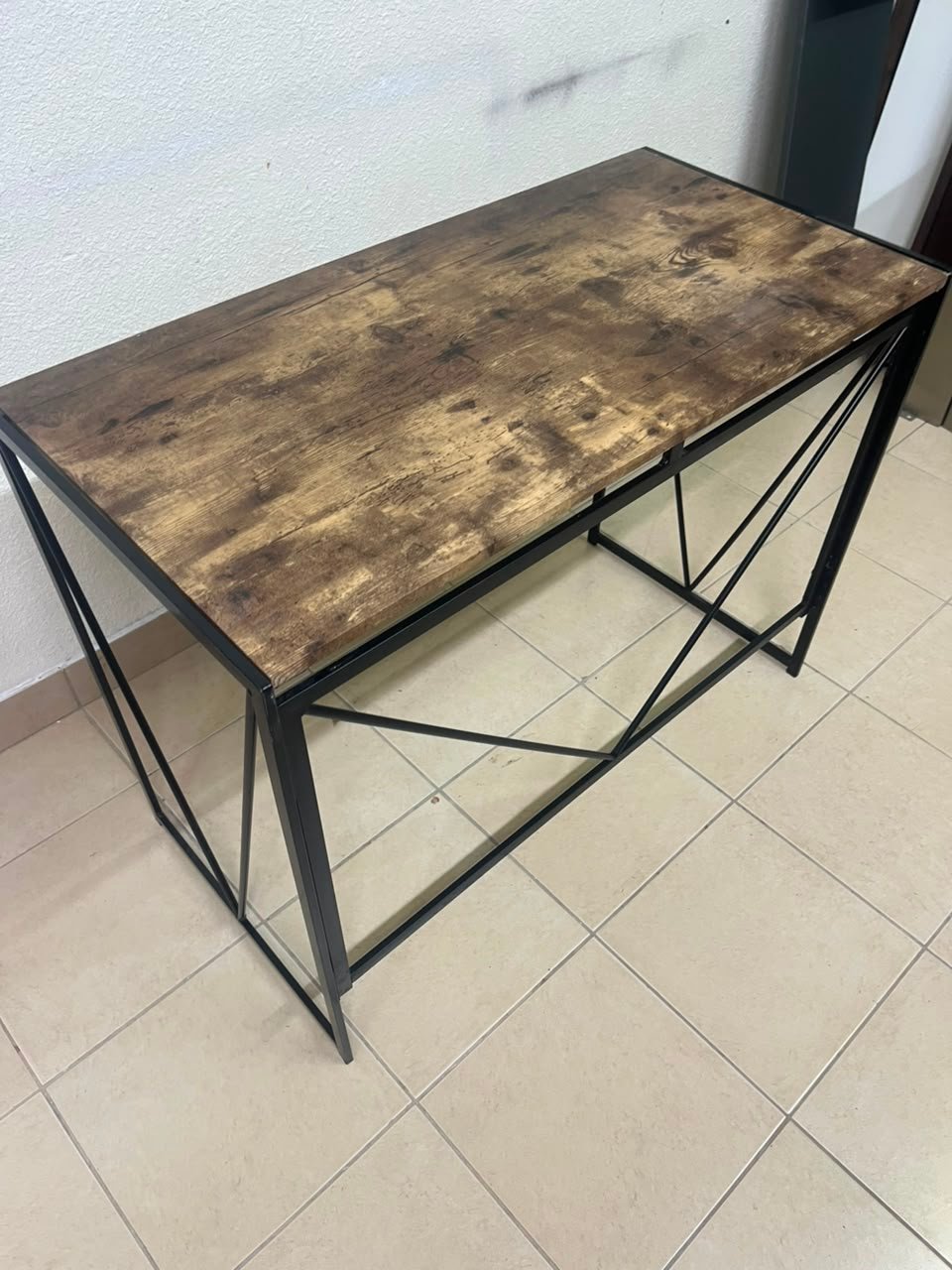 Industrial Rustic Wood & Metal Desk / Console Table – Geometric V-Frame Base with Dark Walnut Top & Black Steel Legs - Image 9