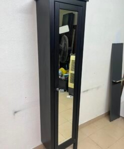 Black Freestanding Mirrored Jewelry Armoire / Storage Cabinet – Tall Full-Length Glass Door with Round Knob & Interior Shelving - Image 3