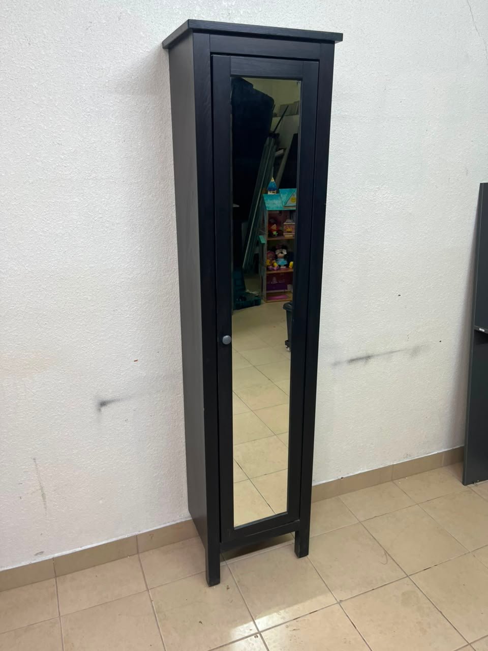 Black Freestanding Mirrored Jewelry Armoire / Storage Cabinet – Tall Full-Length Glass Door with Round Knob & Interior Shelving - Image 4