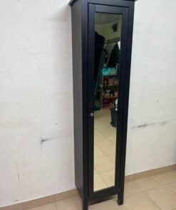Black Freestanding Mirrored Jewelry Armoire / Storage Cabinet – Tall Full-Length Glass Door with Round Knob & Interior Shelving - Image 5