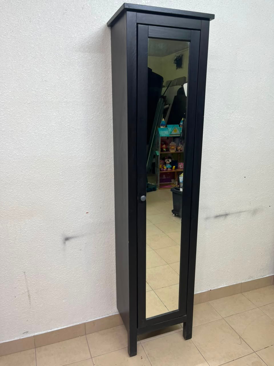 Black Freestanding Mirrored Jewelry Armoire / Storage Cabinet – Tall Full-Length Glass Door with Round Knob & Interior Shelving - Image 5