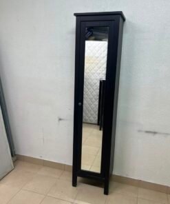 Black Freestanding Mirrored Jewelry Armoire / Storage Cabinet – Tall Full-Length Glass Door with Round Knob & Interior Shelving