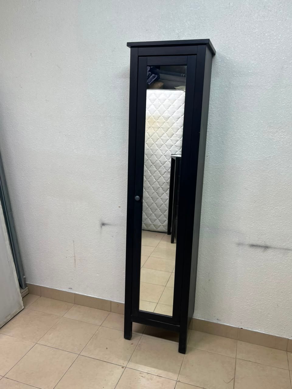 Black Freestanding Mirrored Jewelry Armoire / Storage Cabinet – Tall Full-Length Glass Door with Round Knob & Interior Shelving