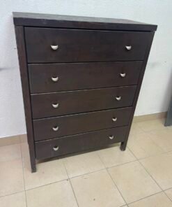 Classic Dark Espresso 5-Drawer Tall Chest / Dresser – Solid Wood Frame with Cup-Style Silver Handles & Sturdy Square Legs