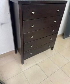 Classic Dark Espresso 5-Drawer Tall Chest / Dresser – Solid Wood Frame with Cup-Style Silver Handles & Sturdy Square Legs - Image 5