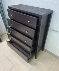 Classic Dark Espresso 5-Drawer Tall Chest / Dresser – Solid Wood Frame with Cup-Style Silver Handles & Sturdy Square Legs - Image 8
