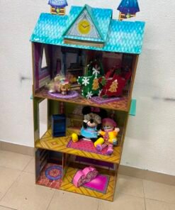Frozen-Themed Wooden Dollhouse with Turquoise Roof, Clock Tower & 3 Levels – Includes Miniature Furniture & Plush Characters