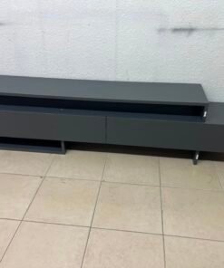 Modern Dark Grey Low-Profile TV Stand / Media Console – Asymmetrical Step Design with Wide Open Shelf & Handleless Drawers - Image 2