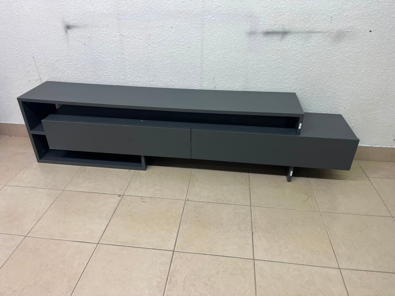 Modern Dark Grey Low-Profile TV Stand / Media Console – Asymmetrical Step Design with Wide Open Shelf & Handleless Drawers - Image 2