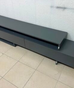 Modern Dark Grey Low-Profile TV Stand / Media Console – Asymmetrical Step Design with Wide Open Shelf & Handleless Drawers - Image 3