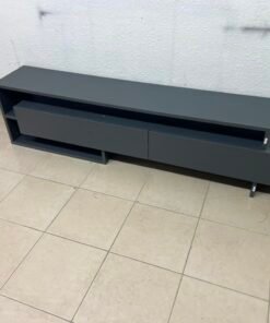 Modern Dark Grey Low-Profile TV Stand / Media Console – Asymmetrical Step Design with Wide Open Shelf & Handleless Drawers